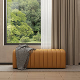 47.2'' Modern Orange Leather Entryway Bench Leather Upholstered Channel Tufted Bench