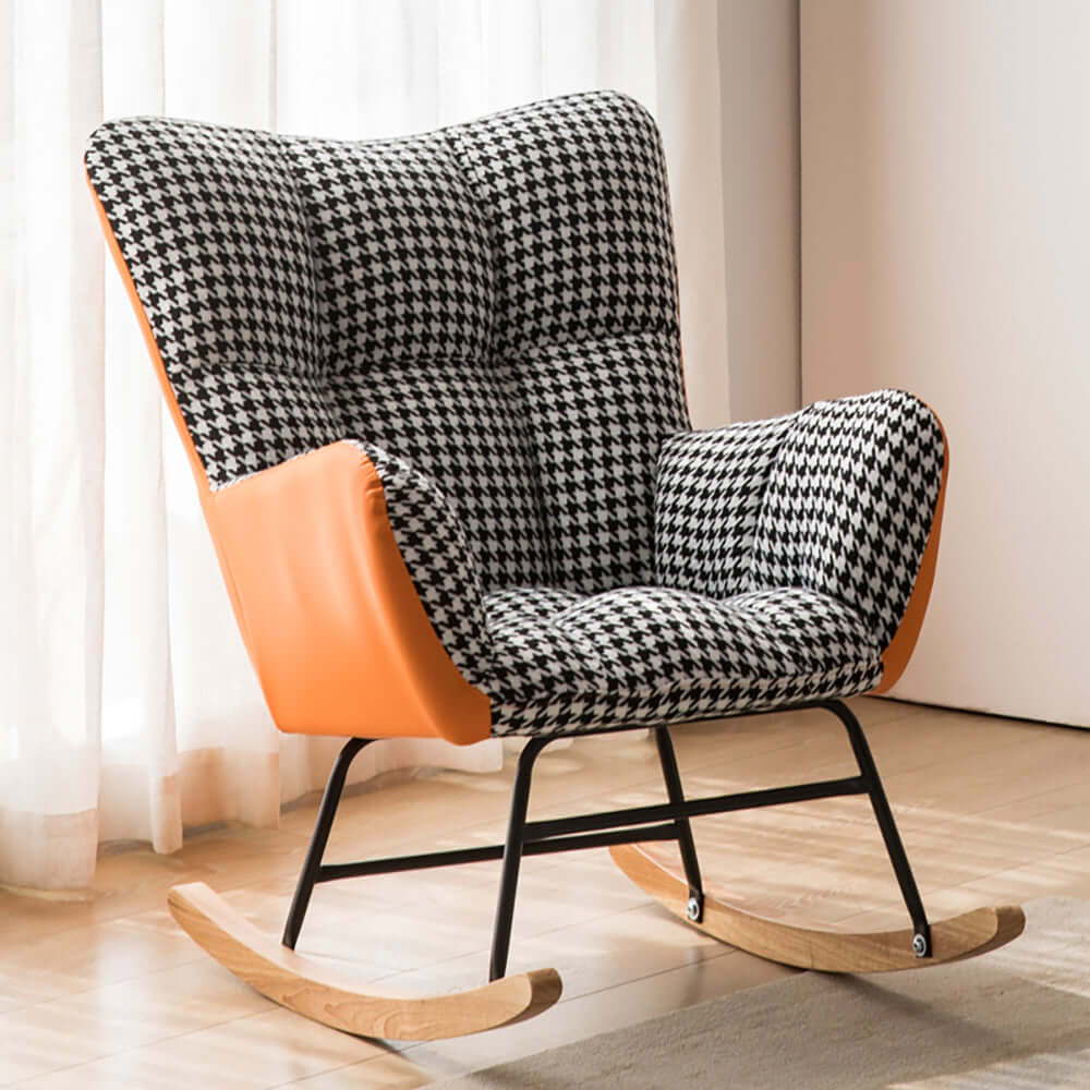 Modern upholstered rocking chair featuring LeathAire and cotton & linen, perfect for any living space