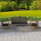 Teak and rattan 3-piece outdoor sofa set with natural wood rocking chair and cushions