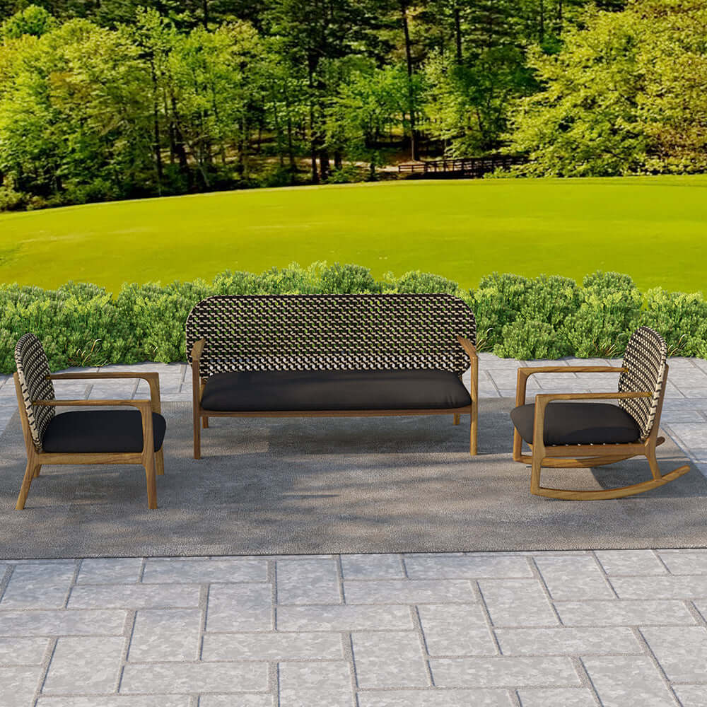 Teak and rattan 3-piece outdoor sofa set with natural wood rocking chair and cushions