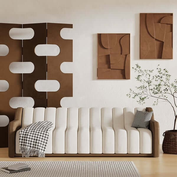 86.6 inch modern white 3 seater fluted velvet upholstered sofa walnut leather arm メイン画像