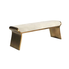 Elegant beige ottoman featuring modern stainless steel and leathaire upholstery