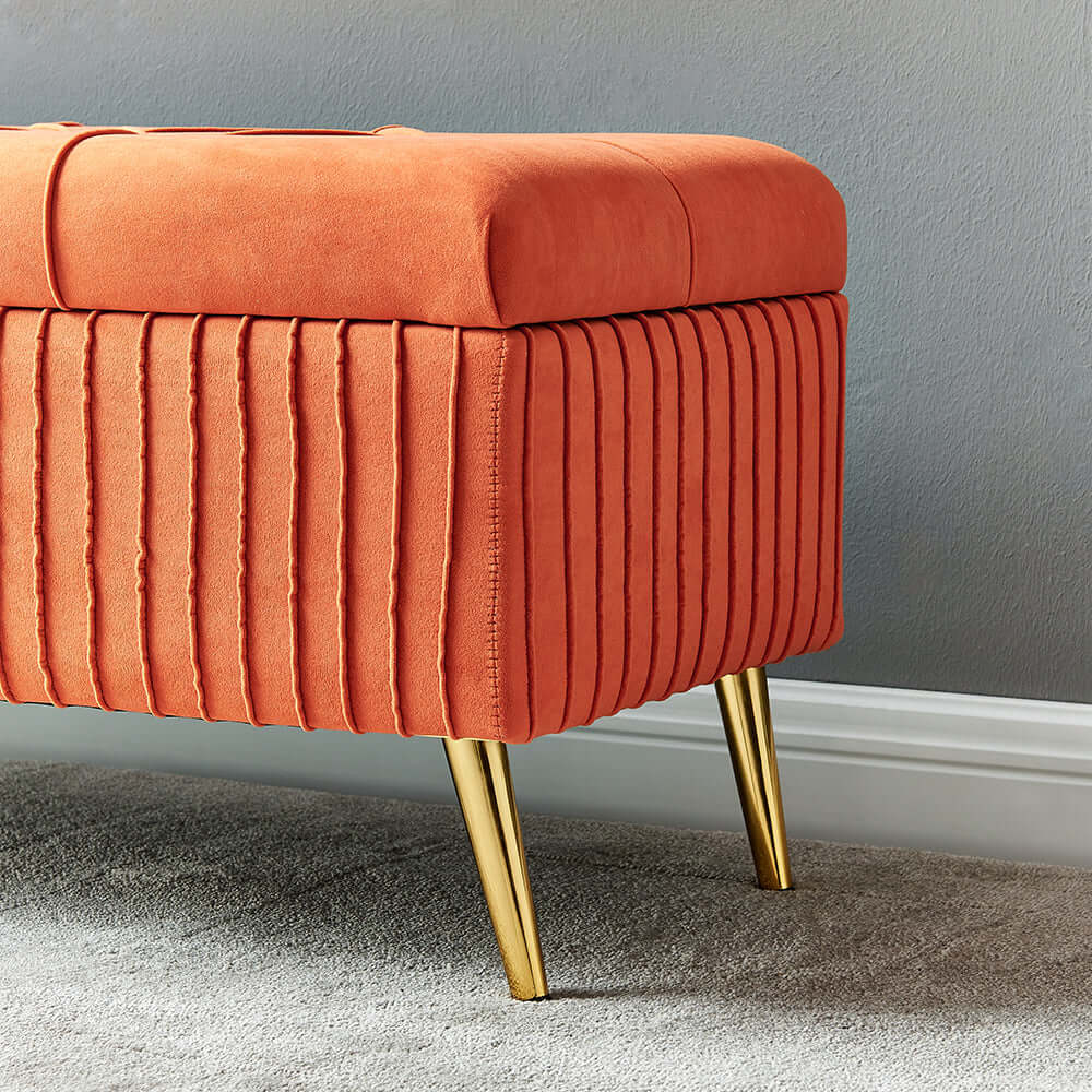 Contemporary flip top storage bench in gray velvet with gold legs