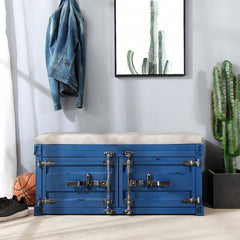 Blue metal entryway bench with PU leather upholstery and spacious storage for industrial decor