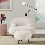 White cream boucle accent chair with matching pouf ottoman for modern lounge seating