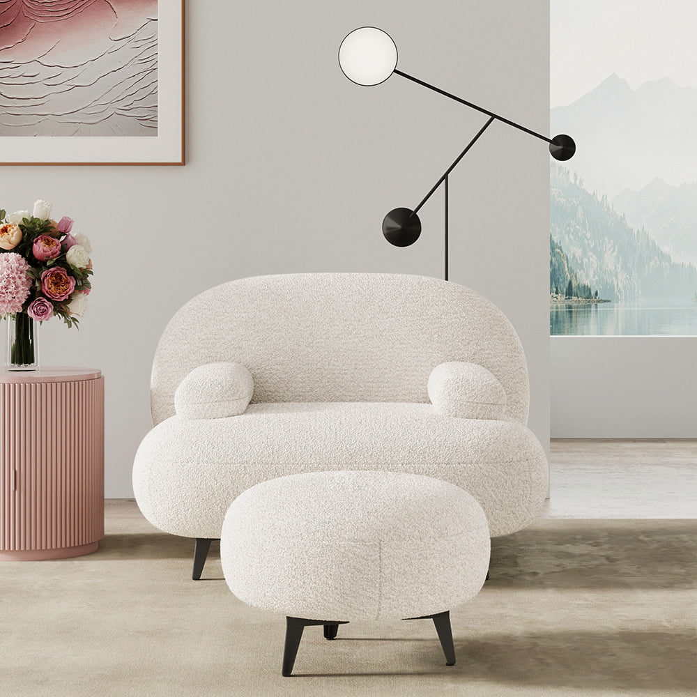 White cream boucle accent chair with matching pouf ottoman for modern lounge seating
