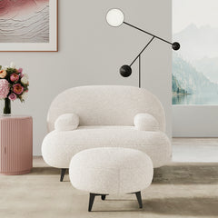 Modern White Cream Boucle Accent Chair with Pouf Ottoman Set Lounge Chair with Footstool