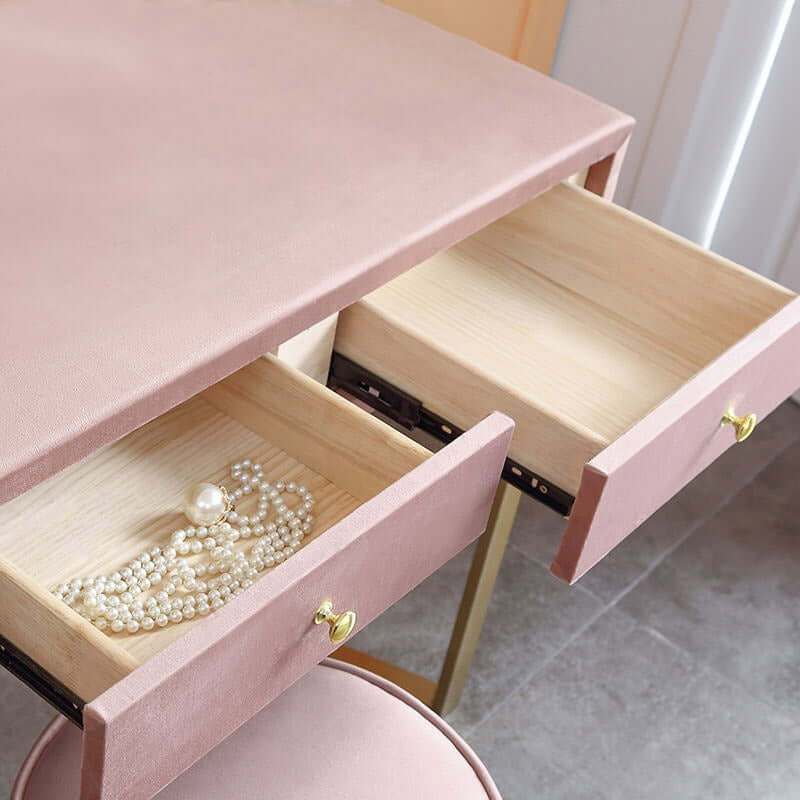 Pink Velvet Upholstered Makeup Vanity Table with Mirror Dressing Table with Stool Large - Cocochairs Pink / 49.2"L x 18.1"W x 30.7"H Pink Velvet Upholstered Makeup Vanity Table with Mirror Dressing Table with Stool Large - Cocochairs Pink / 49.2"L x 18.1"W x 30.7"H