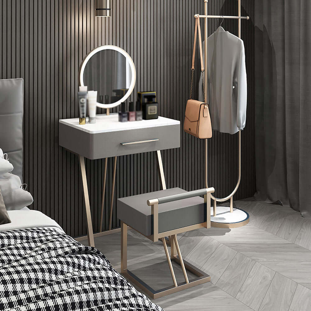 Small Faux Marble Makeup Vanity Set with Vanity Stool in PU Leather Upholstery メイン画像