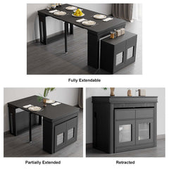 Contemporary walnut and gray dining set with extendable table, 4 chairs, and stylish storage sideboard