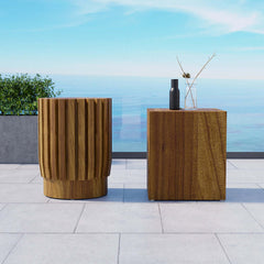 Natural teak wood outdoor furniture set with modern round and rectangle coffee tables