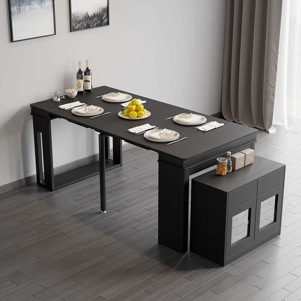 Contemporary walnut and gray dining set with extendable table, 4 chairs, and stylish storage sideboard