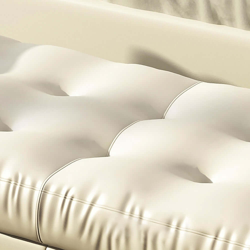 Elegant white faux leather tufted bench ottoman with gold leg for entryway and bedroom