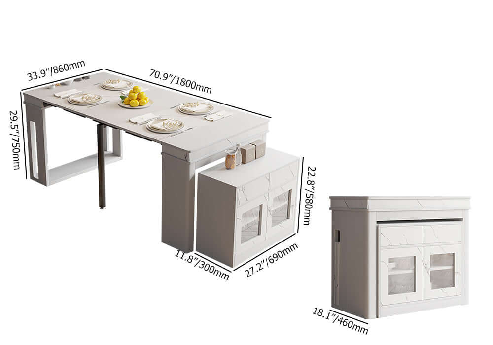 Modern extendable dining table with 4 chairs and rectangle storage sideboard in elegant walnut and gray finish