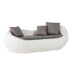 White Woven Rattan Round Outdoor Sofa with Cushion & Pillow and Curved Back as a Stylish Seating Option for Patio or Garden