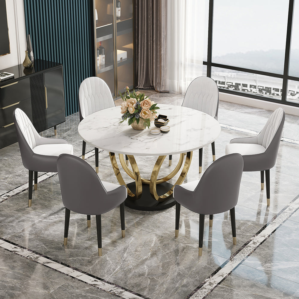 7 Piece Dining Room Sets 53" Sintered Stone Top Round Dining Table White&Gray 6 Chairs