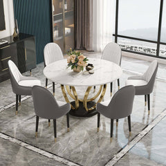 Sleek 53-inch round dining table with sintered stone top and 6 white & gray chairs set