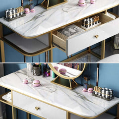 Small gold dressing table with faux marble top, mirror, drawer, and chair set