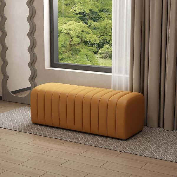 Modern orange leather entryway bench with channel tufting design and 47.2'' size