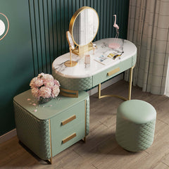 Green makeup vanity set with expandable dressing table mirror and stool included