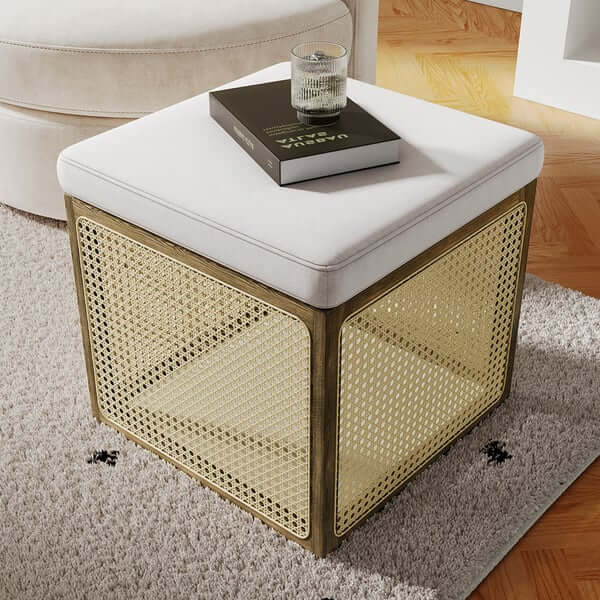 18.1 inch Square Foot Rest Ottoman with Bohemian Rattan Design in Khaki and Natural Tones