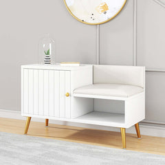 Contemporary upholstered white shoe rack bench with storage cabinet and shelf for hallway