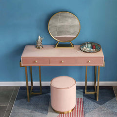 Large Pink Velvet Makeup Vanity Table with Mirror - Luxurious Dressing Table for Your Beauty Routine