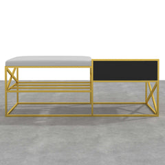 Sleek modern white upholstered entryway bench with gold legs