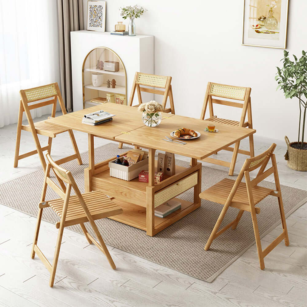 Japandi wooden folding coffee table set with rattan nesting accent table Image principale du produit