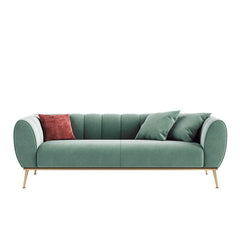 Modern luxurious green velvet upholstered sofa with gold stainless steel base