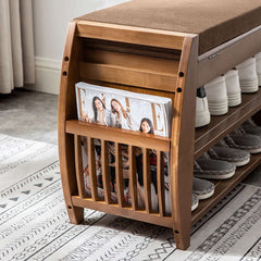 40.2" Rustic Bamboo Shoe Rack Bench with Upholstered Entryway Flip Top and Storage Shelves