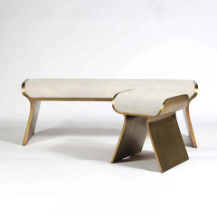 Contemporary beige bench with stainless steel frame and leathaire upholstery