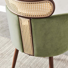 Set of 2 rattan dining room chairs in modern green velvet upholstery