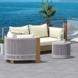 3Pcs Outdoor Sofa Set with Teak Round Coffee Table & Woven Rope Chair in Natural & Gray