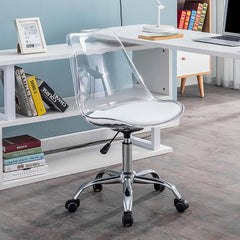 Modern swivel office chair in white with adjustable height and clear plastic design