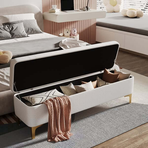 Moderner weißer PU-Leder Schlafzimmer Flip-Top Aufbewahrungsbank mit goldenen Edelstahlbeinen Zweitbild