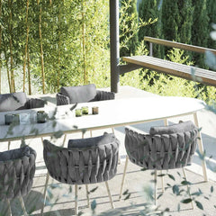 7 Pieces Outdoor Dining Set with Oval Faux Marble Top Table and Rope Woven Armchair for Stylish Patio Dining