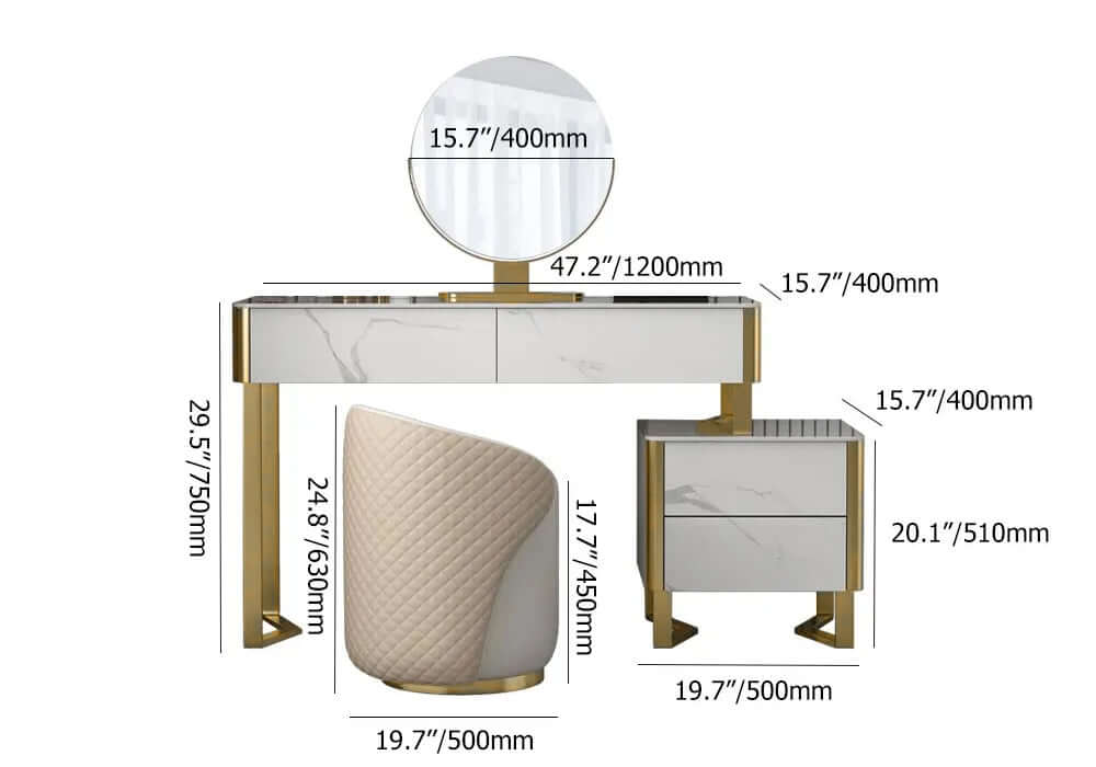 Elegant white makeup vanity set with stone top and cabinet mirror for sophisticated decor