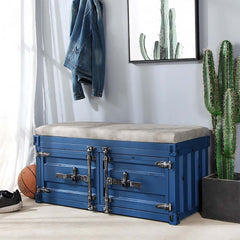 Industrial style blue metal storage bench with PU leather upholstery for entryway decor