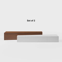 Modern low block coffee table set with storage drawers in white and walnut