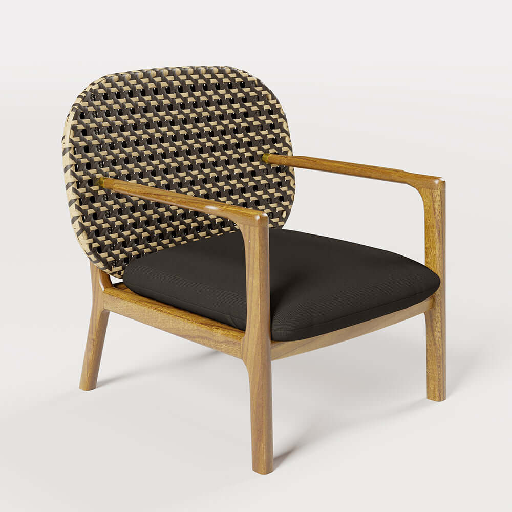 Teak and rattan 3-piece outdoor sofa set with natural wood rocking chair and cushions