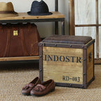 Industrial Natural Pouf Ottoman Upholstered PU Leather Footrest with Distressed Drawer - Functional and Stylish Storage Ottoman with a Distressed Drawer