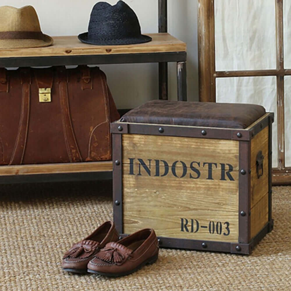 Industrial Natural Pouf Ottoman Upholstered PU Leather Footrest with Distressed Drawer - Functional and Stylish Storage Ottoman with a Distressed Drawer