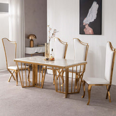 Pair of stylish white chairs with gold legs for modern dining room decor