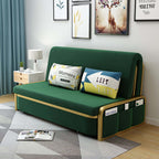 Chic gray and gold upholstered sofa bed with hidden storage compartment and convertible function