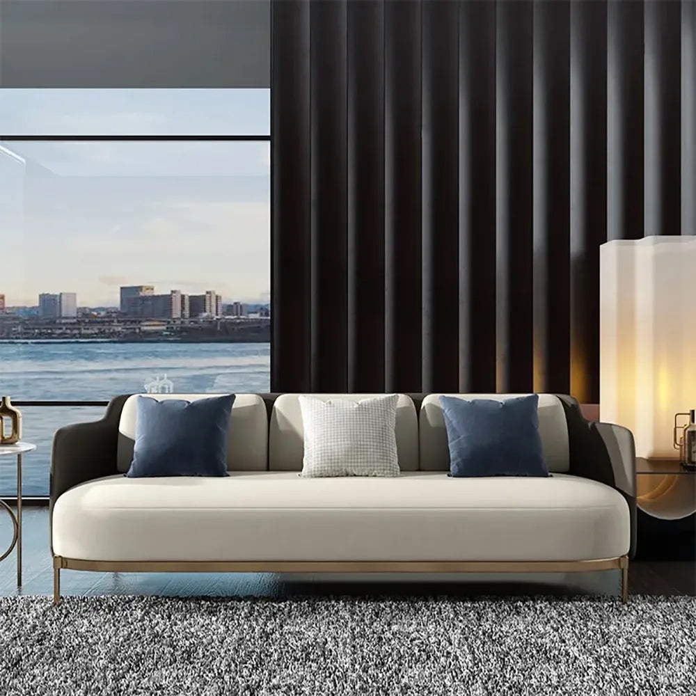 Modern MidCentury Upholstered Sofa White & Gray Linen Brushed Microfiber Leather Sofa