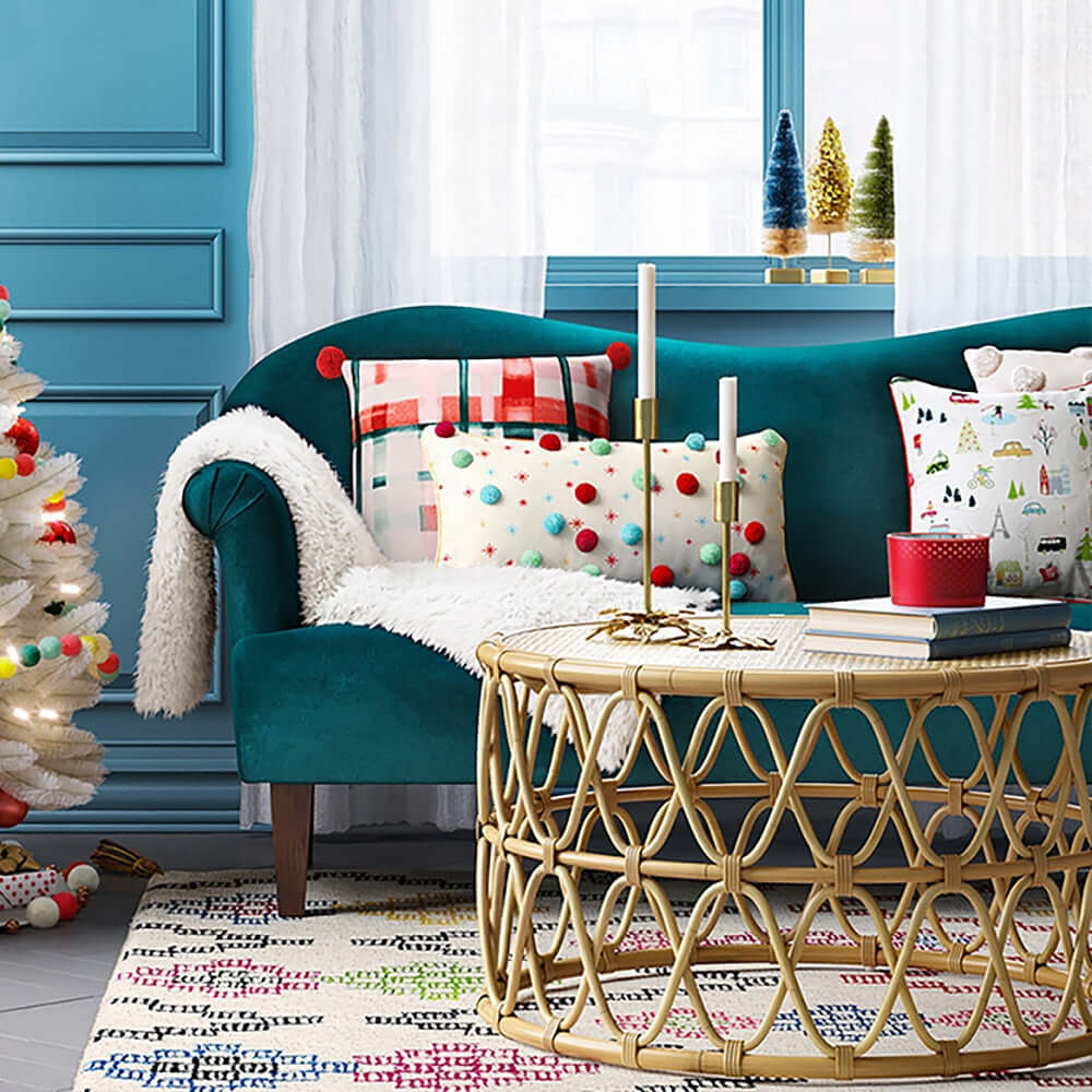 Natural rattan round coffee table and side table set with boho style hand-woven design