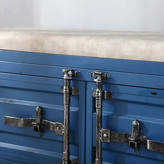 Entryway bench with PU leather upholstery and spacious storage in striking blue metal industrial style