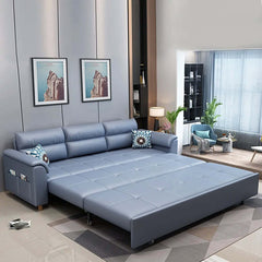 Blue sofa bed with storage and pockets for small spaces and guest accommodation