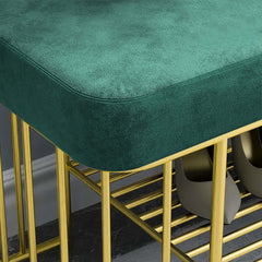 Elegant green velvet upholstered bench with spacious shelves and gold-tone frame